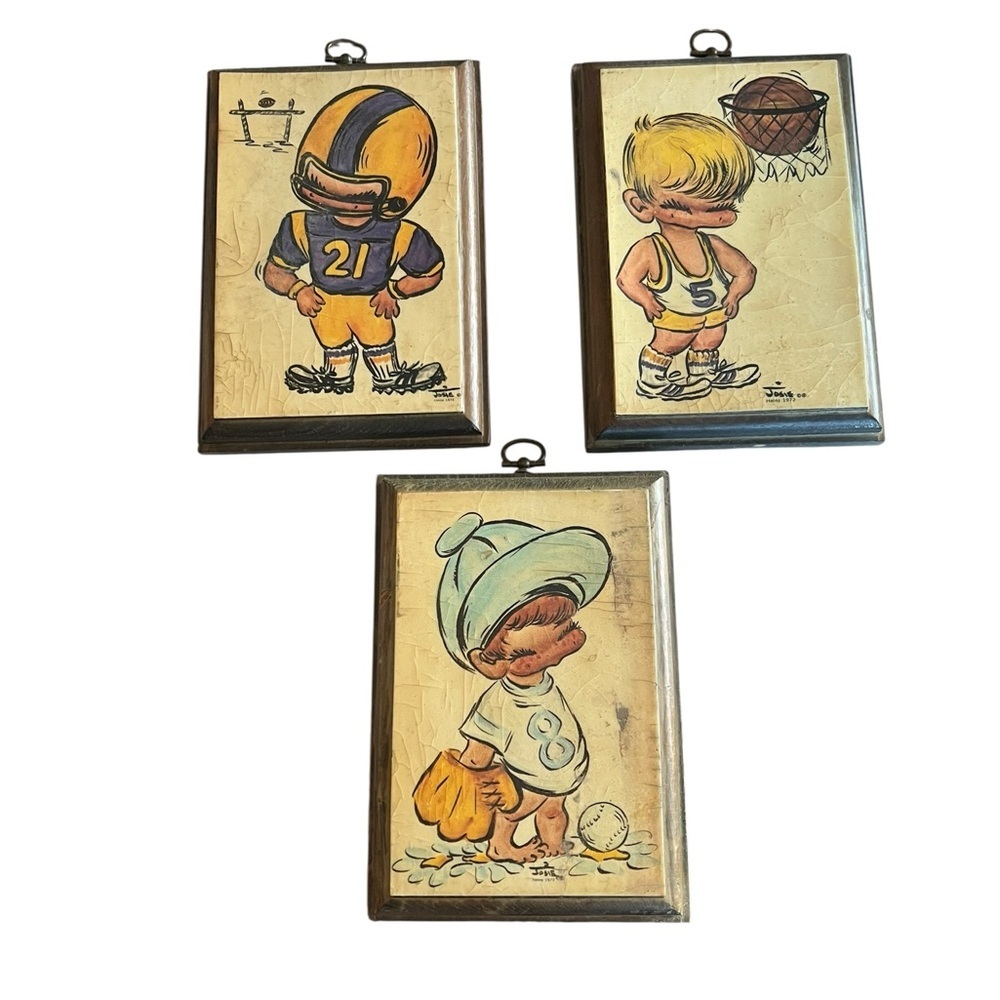 Vintage 1970s Josie Heins Big Eye Sports Wall Decor Baseball Basketball Football